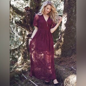 Altar'd State Marionette Maxi All Lace Dress Medium Deep Burgundy Mid Sleeve